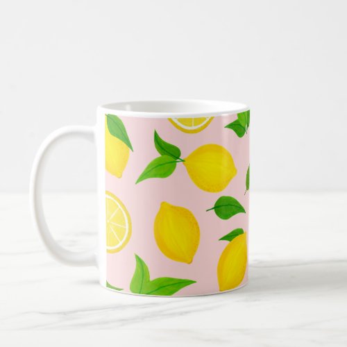 Summer Yellow Lemons Green Leaves on Soft Pink Coffee Mug
