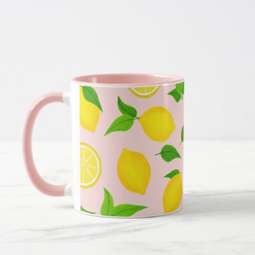 Summer Yellow Lemons Green Leaves on Soft Pink Mug