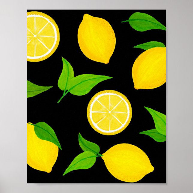 Summer Yellow Lemons with Green Leaves on Black Poster (Front)