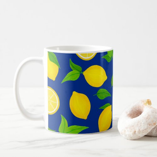 Summer Yellow Lemons with Green Leaves on Blue Coffee Mug