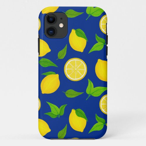 Summer Yellow Lemons with Royal Blue Pattern iPhone 11 Case
