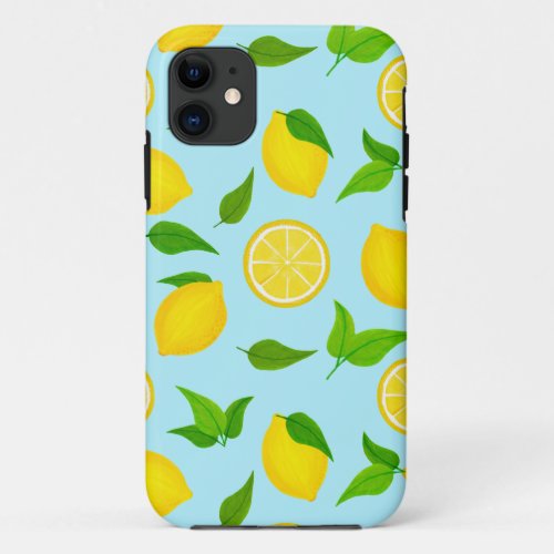 Summer Yellow Lemons with Soft Blue Pattern iPhone 11 Case