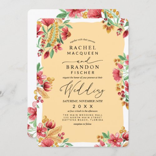 Summer Yellow Pink Red Floral Watercolor Wedding Invitation