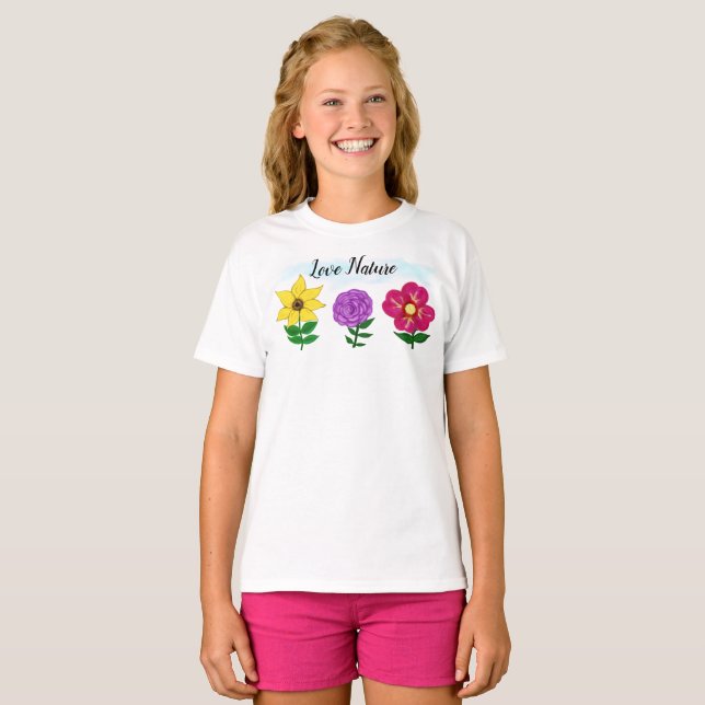 Summer Yellow Purple Pink Flowers T-Shirt (Front Full)