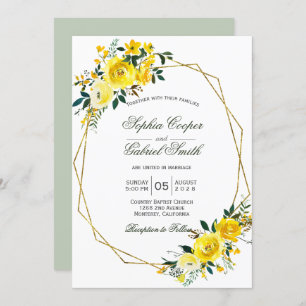 Summer yellow rose floral gold frame wedding invitation