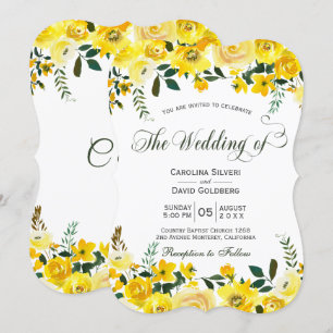Summer yellow rose floral hand lettered wedding invitation
