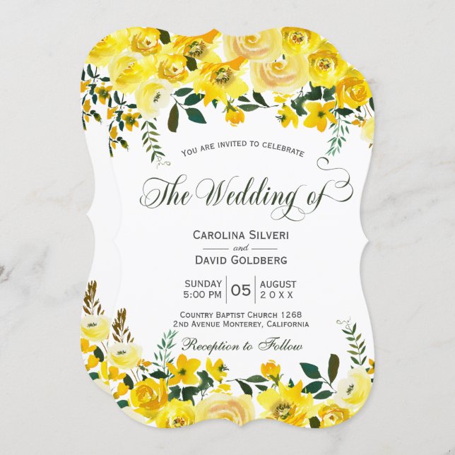 Summer yellow rose floral hand lettered wedding invitation (Front/Back)