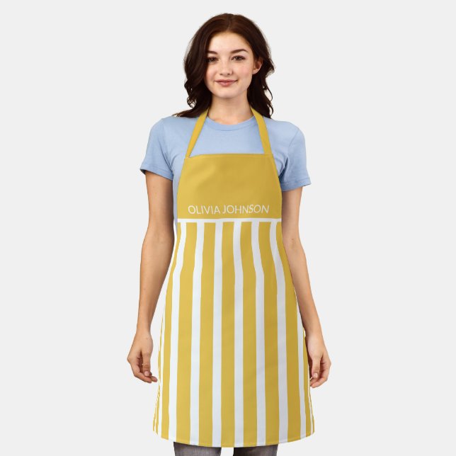 Summer Yellow Striped Customizable Name  Apron (Worn)