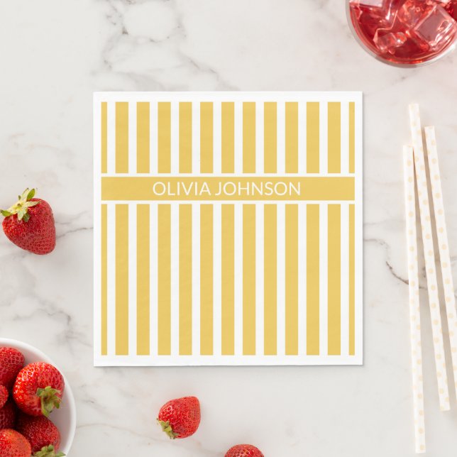 Summer Yellow Striped Customizable Name  Napkins (Insitu)