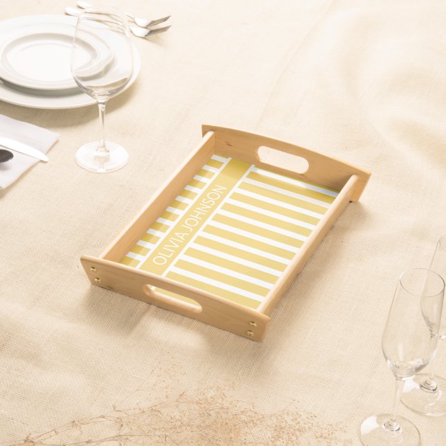 Summer Yellow Striped Customizable Name  Serving Tray (Front)