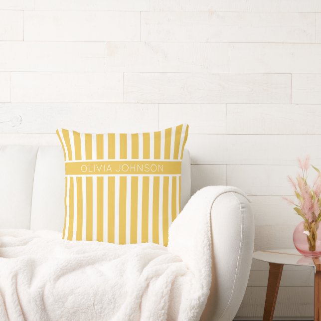 Summer Yellow Striped Customizable Name  Throw Pillow (Couch)
