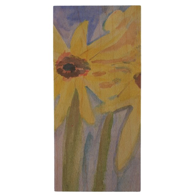 Summer Yellow Sunflowers Wood USB Flash Drive (Front Vertical)
