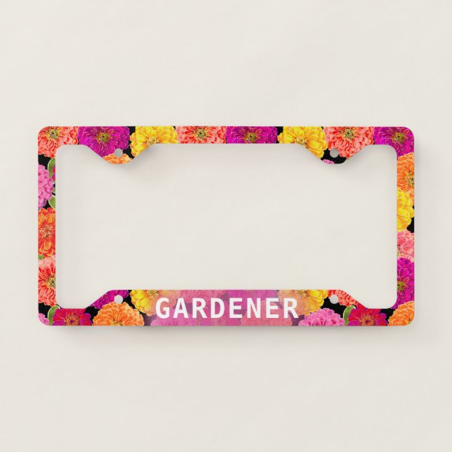 Summer Zinnias Floral Yellow Pink Gardener License Plate Frame (Front)