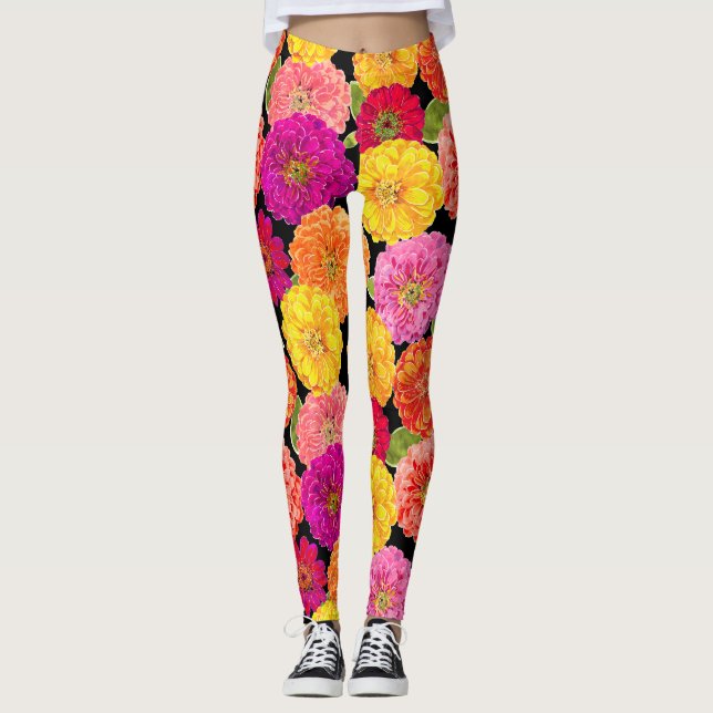 Summer Zinnias Pink Yellow Floral Pattern Leggings (Front)
