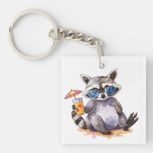 Summertime beach raccoon watercolor keychain