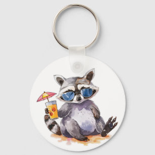 Summertime beach raccoon watercolor keychain