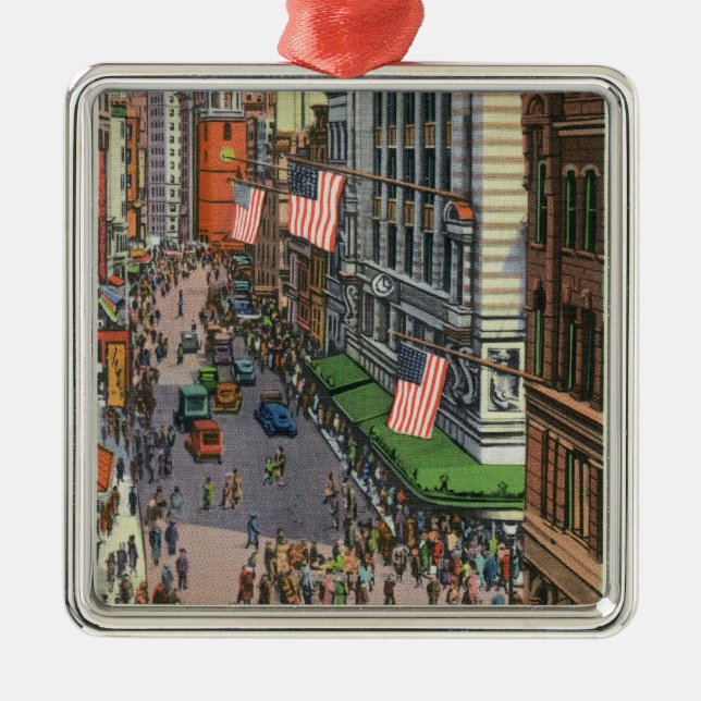 Summertime Crowds on Washington Street Metal Ornament (Front)