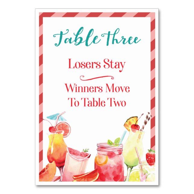 Summertime Drinks Table Card Three Bunco (Front)