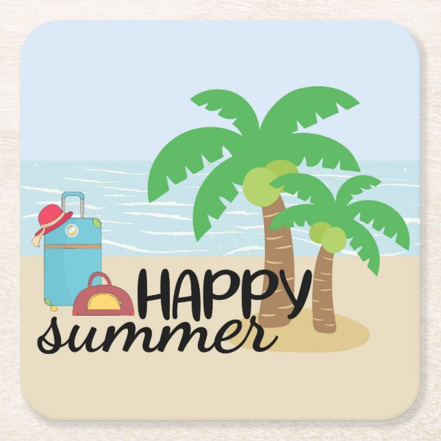 Summertime Happy Summer at the Beach Square Paper Coaster (Front)