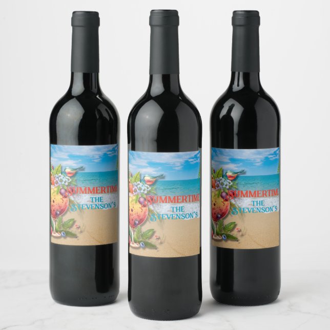 Summertime Personalized Name Beach Ocean Wine Label (Bottles)
