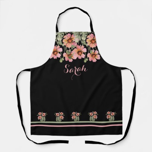 Summertime Personalized Name Black Floral Apron