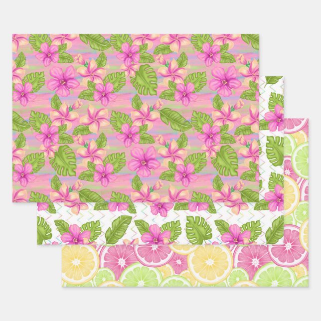Summertime Pink Tropical Flowers Lemons Limes  Wrapping Paper Sheets (Set)