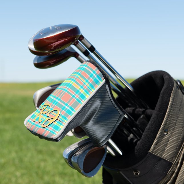 Summertime Plaid Turquoise Pink Yellow White Golf Head Cover (In Situ)
