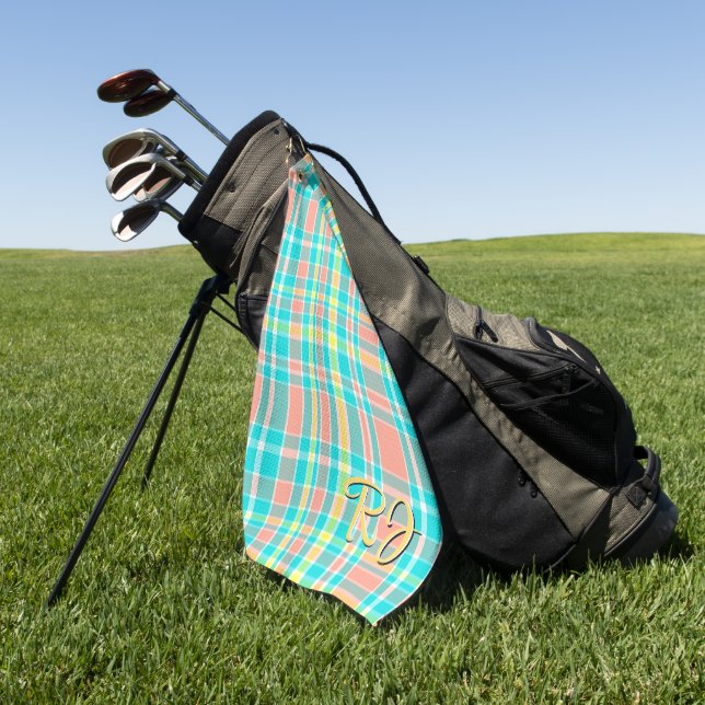 Summertime Plaid Turquoise Pink Yellow White Golf Towel (Green)