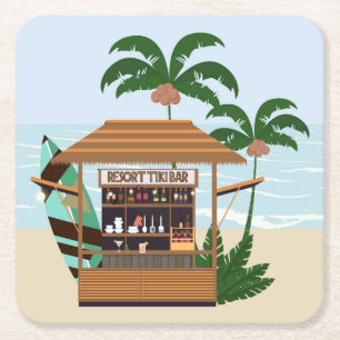 Summertime Resort Tiki Bar at the Beach Square Paper Coaster