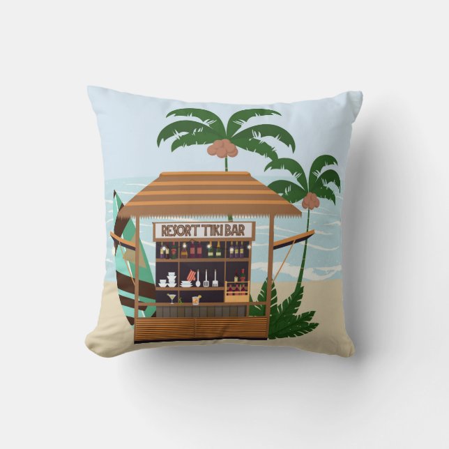 Summertime Resort Tiki Bar at the Beach Throw Pillow (Front)
