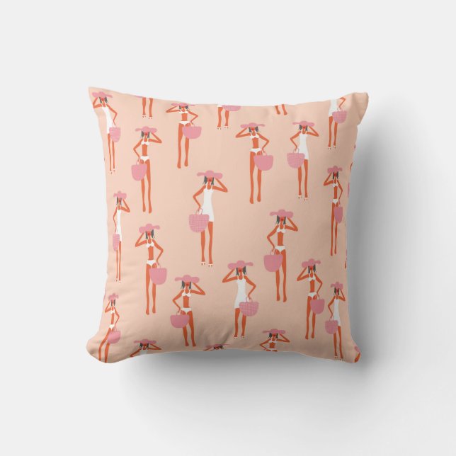 Summertime seamless pattern. Young beautiful woman Throw Pillow (Front)
