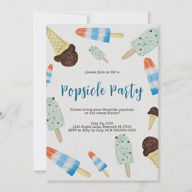Summertime Watercolor Popsicle Party Invitation (Front)