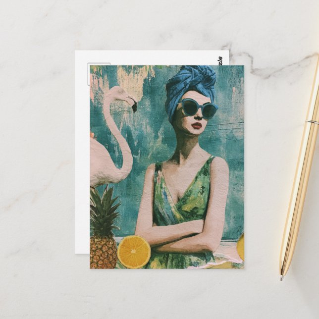 summertime woman Mixed Media Collage Postcard (Front/Back In Situ)