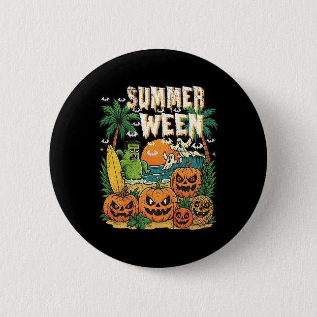 Summerween Beach Pumpkins Ghosts Surf Halloween Vi Button (Front)