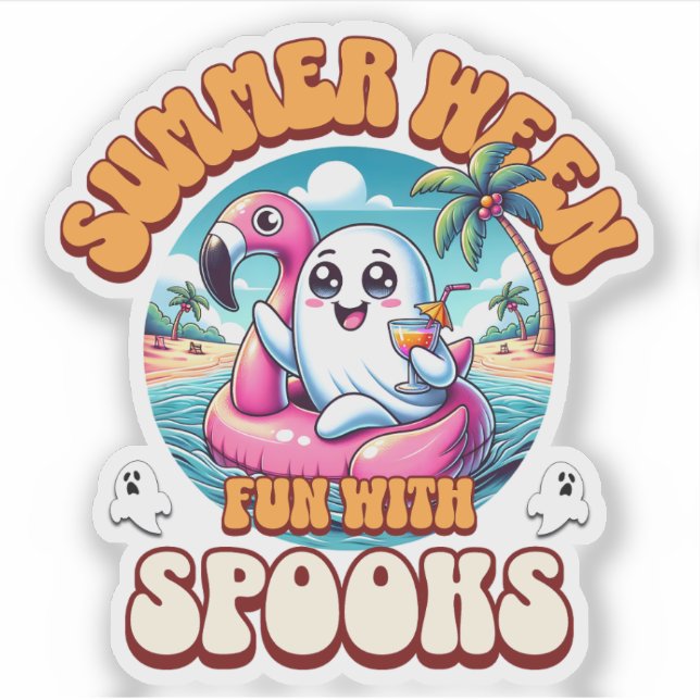 Summerween Cute Ghost Flamingo Float Beach Cartoon Sticker (Front)