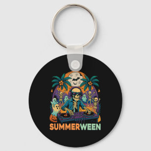 Summerween Dj Skeleton Beach Party Halloween Music Keychain