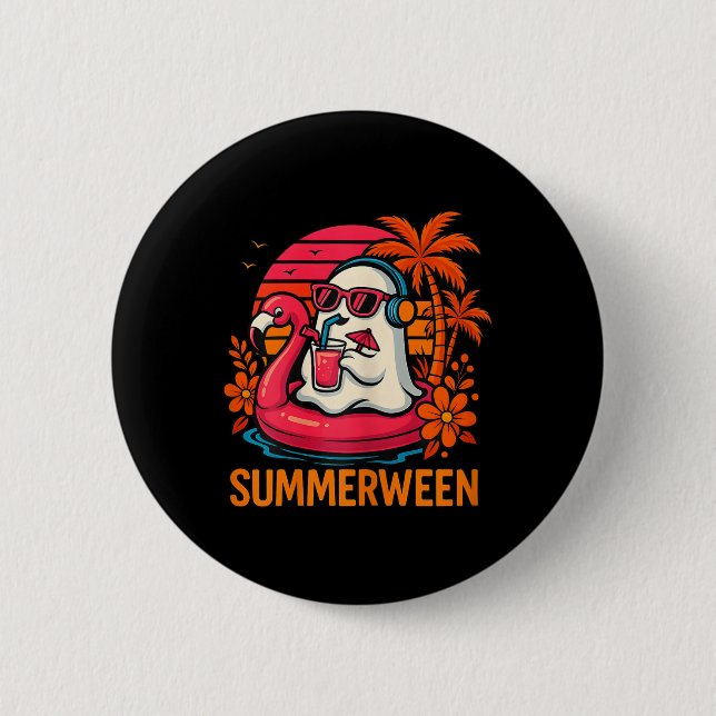 Summerween Funny Ghost Halloween Summer Flamingo B Button (Front)