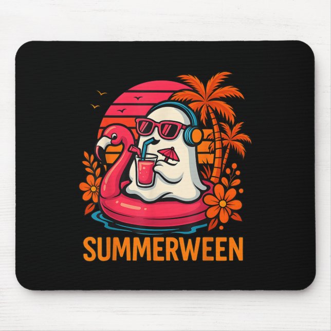Summerween Funny Ghost Halloween Summer Flamingo B Mouse Pad (Front)