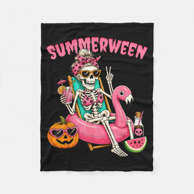 Summerween Funny Girl Skeleton Coquette Leopard Fleece Blanket (Front)