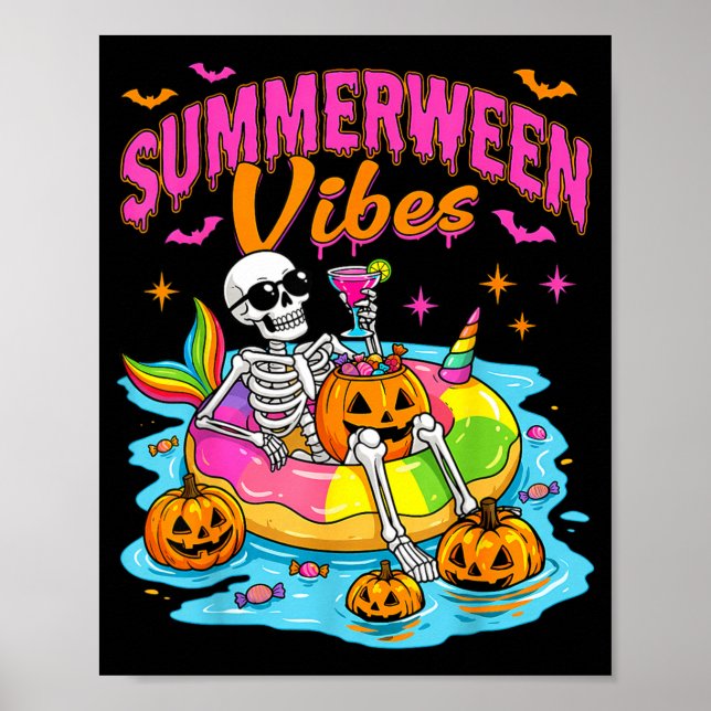 Summerween Funny Skeletons Halloween Floating Pool Poster (Front)