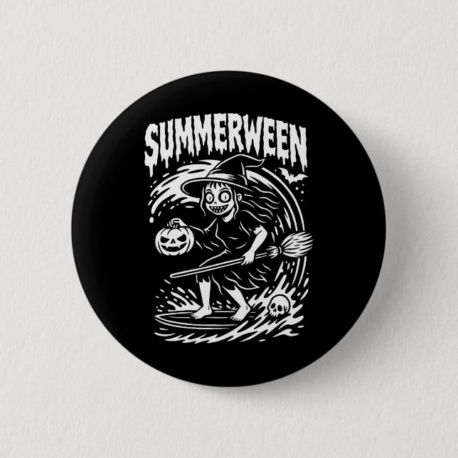 Summerween Halloween Summer Surfing Beach Witch  Button (Front)