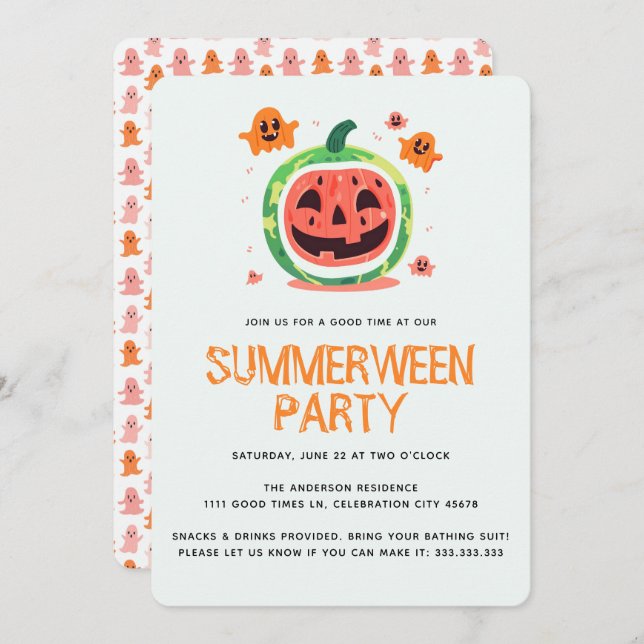 Summerween Melon-o-Lantern Summer Halloween Party Invitation (Front/Back)