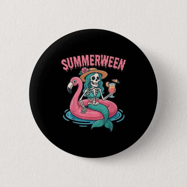 Summerween Mermaid Skeleton Beach Flamingo Hallowe Button (Front)