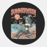 Summerween Mermaid Skeleton Beach Flamingo Hallowe Classic Round Sticker