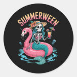 Summerween Mermaid Skeleton Beach Flamingo Hallowe Classic Round Sticker