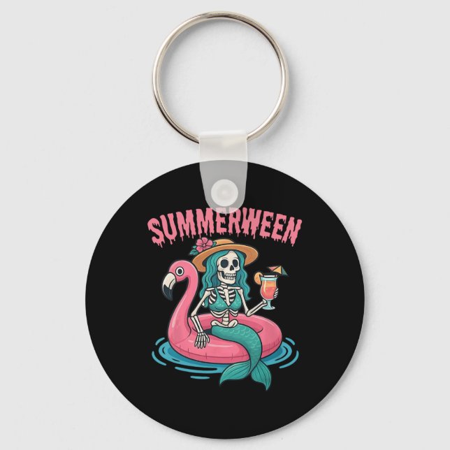 Summerween Mermaid Skeleton Beach Flamingo Hallowe Keychain (Front)