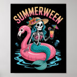 Summerween Mermaid Skeleton Beach Flamingo Hallowe Poster