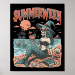 Summerween Mermaid Skeleton Beach Flamingo Hallowe Poster
