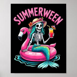 Summerween Mermaid Skeleton Beach Flamingo Hallowe Poster