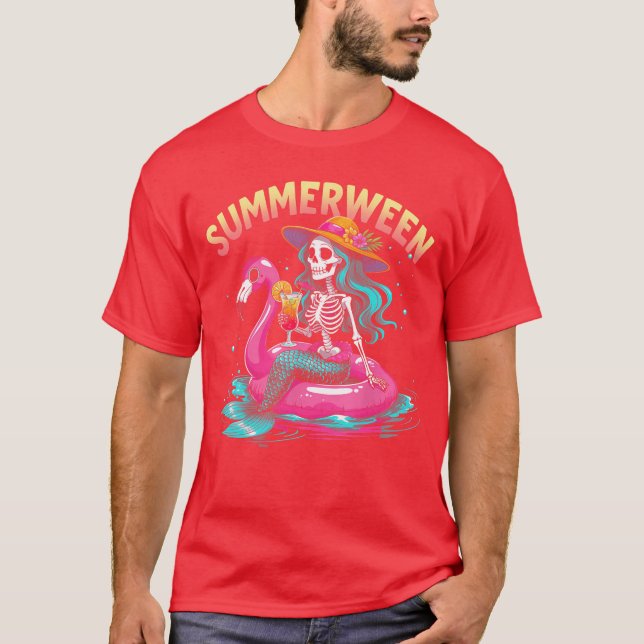Summerween Mermaid Skeleton Beach Flamingo Hallowe T-Shirt (Front)